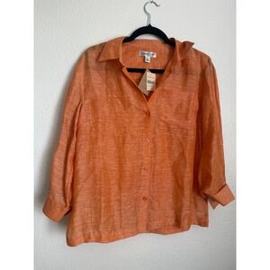 Coldwater Creek Orange Linen Silk Blend 3/4 Sleeve Marble Gauze Shirt Top M